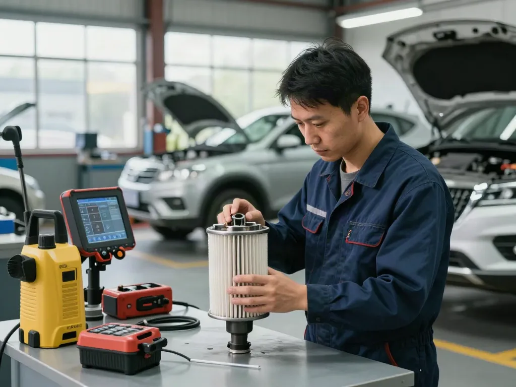 DPF Reinigung Hannover in einer professionellen Werkstatt mit einem Techniker, der ein Dieselpartikelfilter prüft.