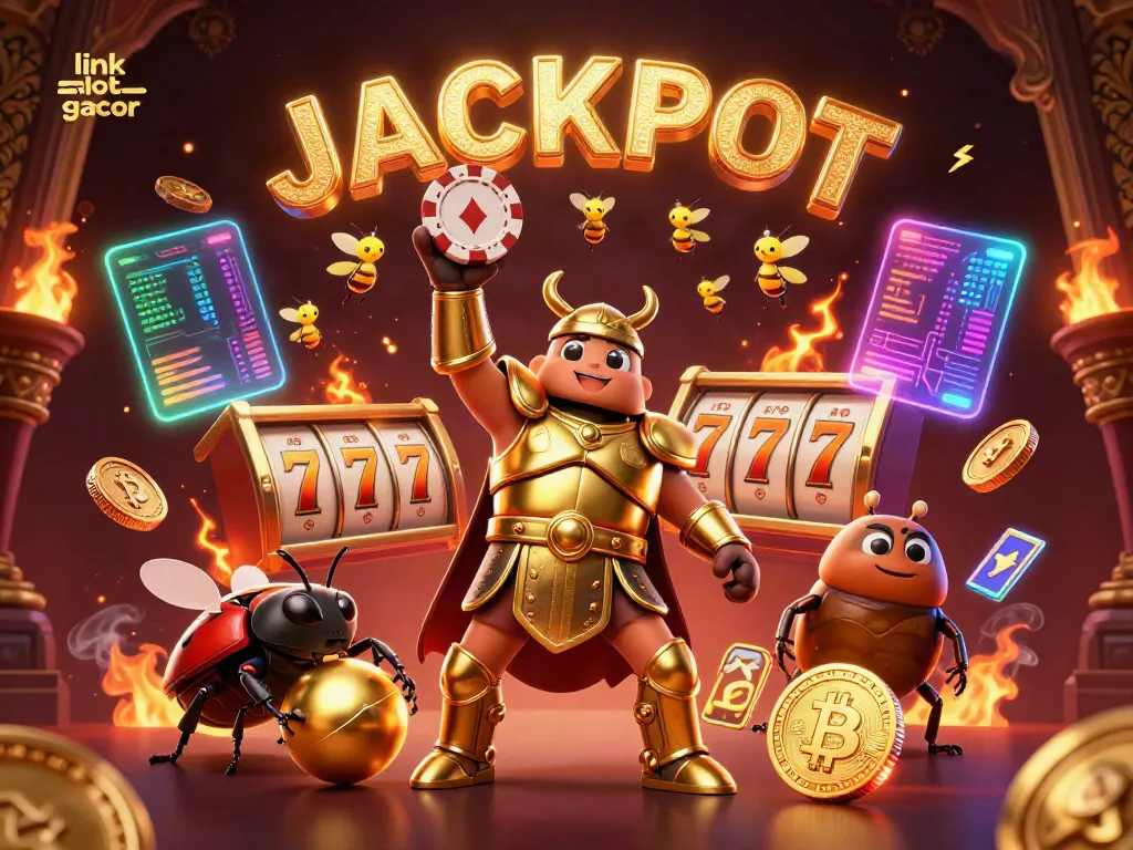 Win big with link slot gacor featuring a victorious beetle and dynamic casino elements