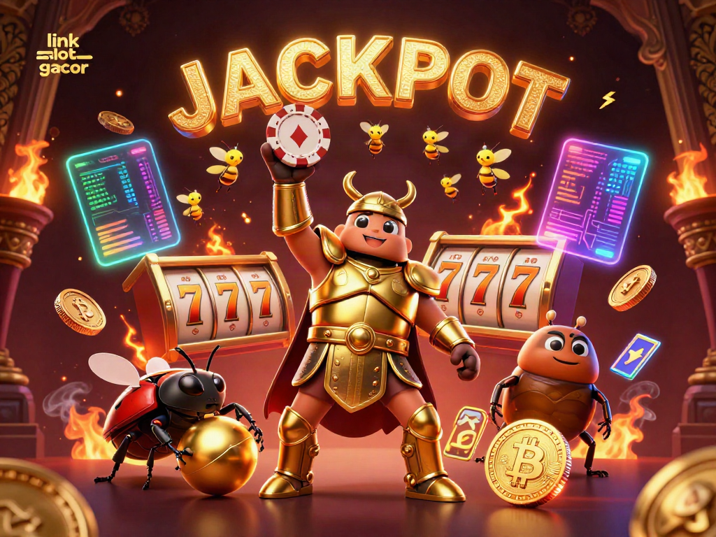 Win big with link slot gacor featuring a victorious beetle and dynamic casino elements