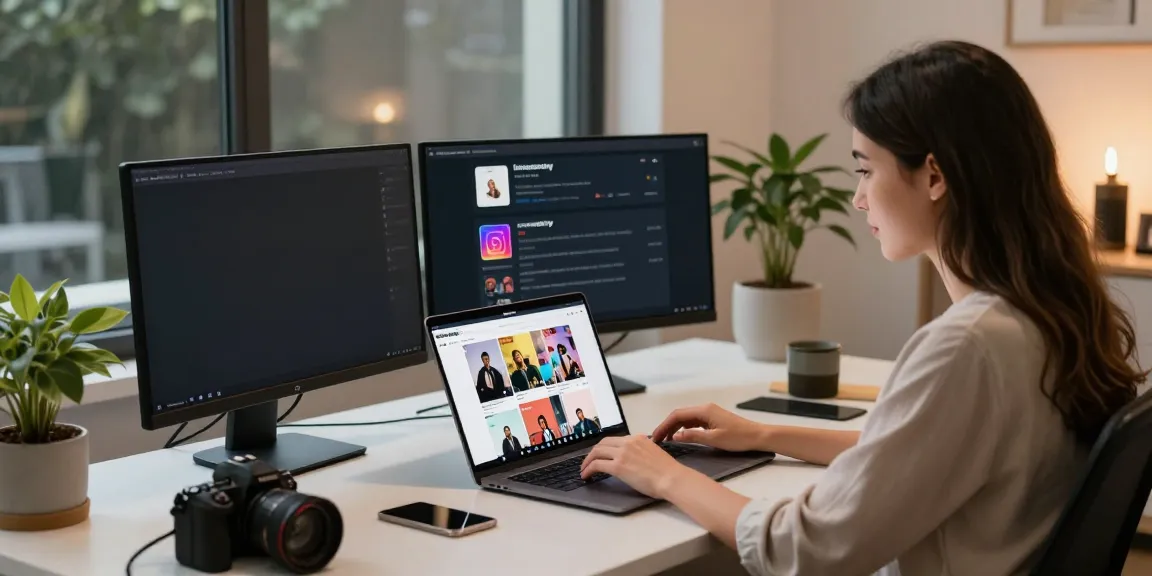 An engaged user accessing the Insanony tool to view Instagram stories anonymously, in a modern home office.