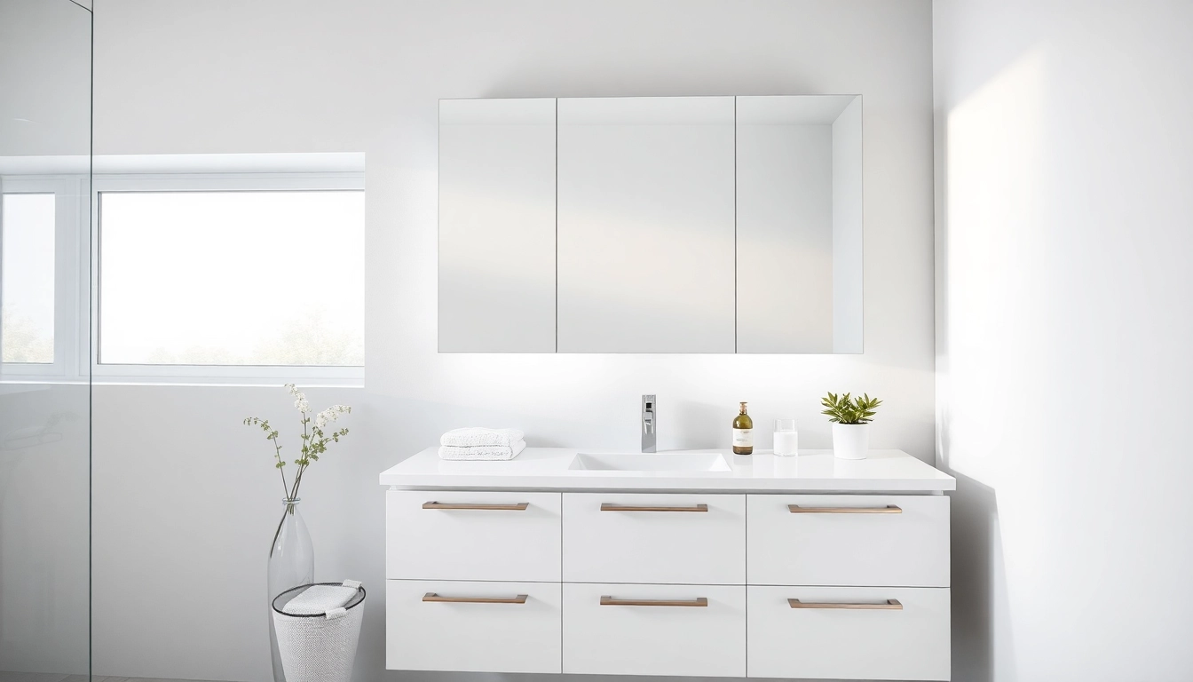 Eleganter spiegelschrank led mit integrierter Beleuchtung im modernen Badezimmer-Setup.