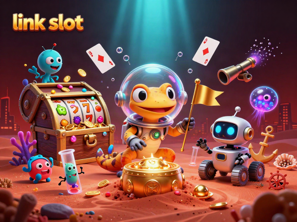 Permainan slot link slot dengan karakter kartun Martian dan elemen kasino mengesankan di planet Mars.