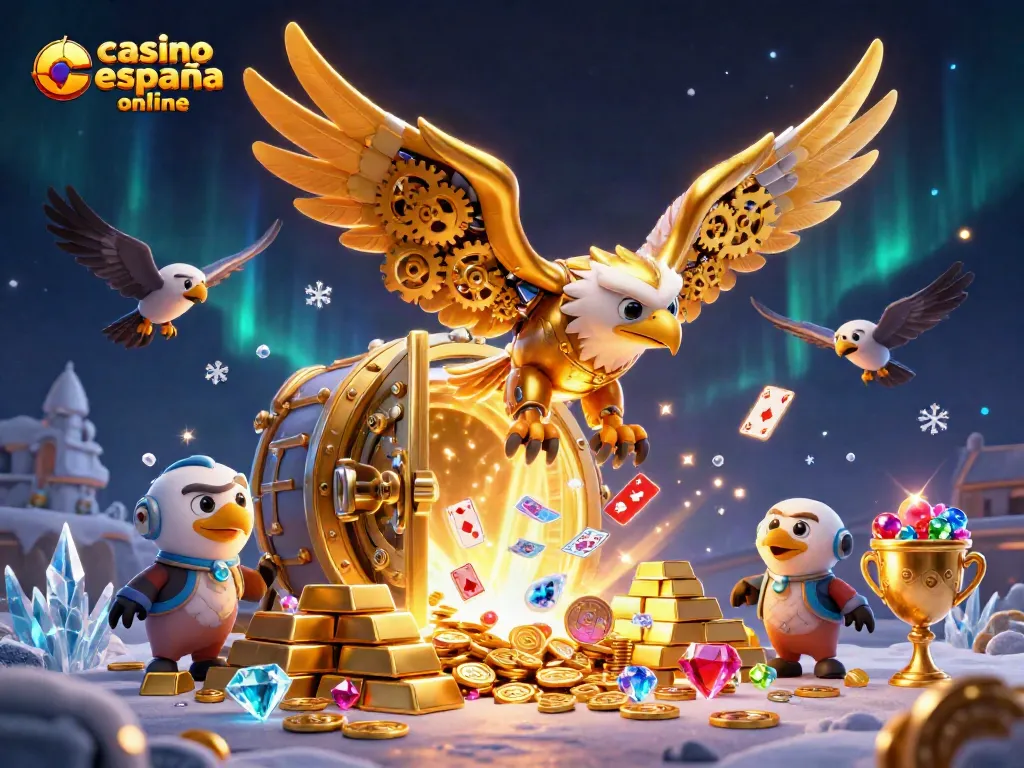 Juega en casino españa online con una ilustración vibrante de un águila dorada y tarjetas holográficas.