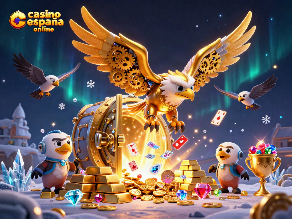 Juega en casino españa online con una ilustración vibrante de un águila dorada y tarjetas holográficas.