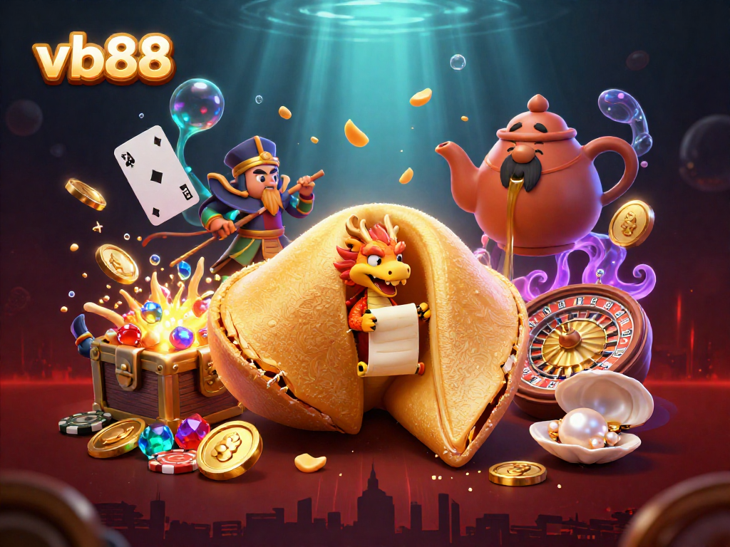 Experience the thrill of casino games with vb88's vibrant scene featuring a fortune cookie and gold treasures.