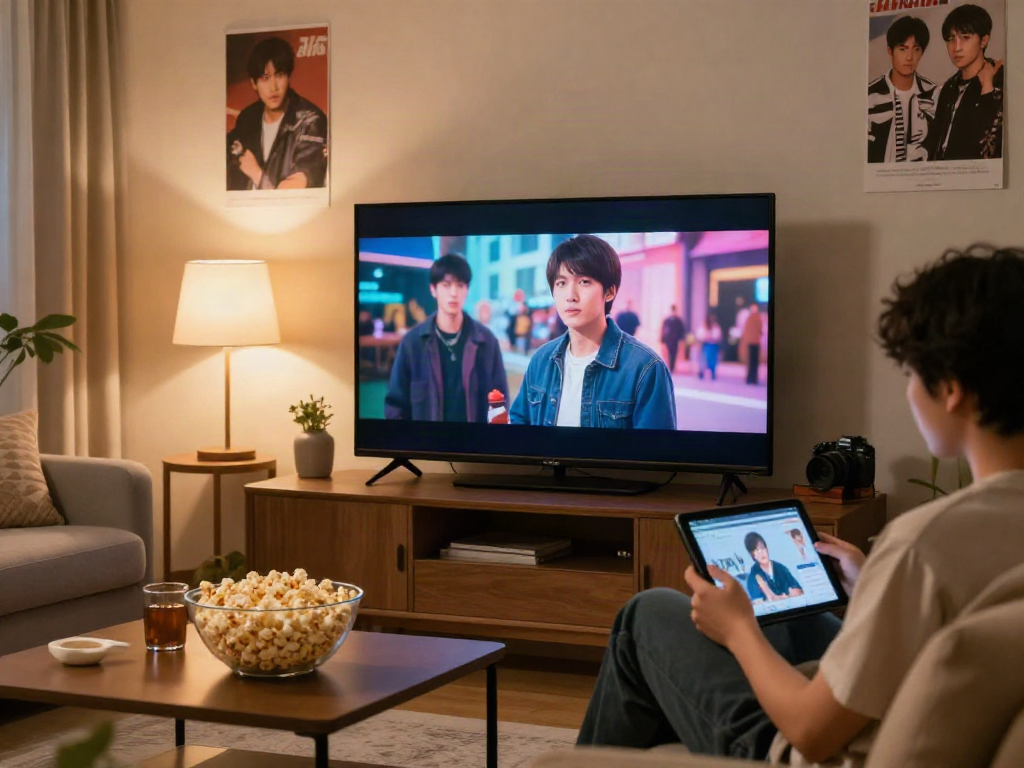 Engaging living room showcasing a JAV sub indo video on TV, with relaxing decor.