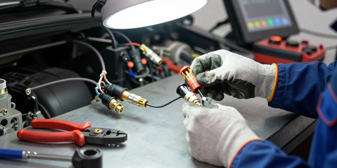heavy duty waterproof electrical connectors installed by a technician in an automotive workshop, showcasing reliability and precision.