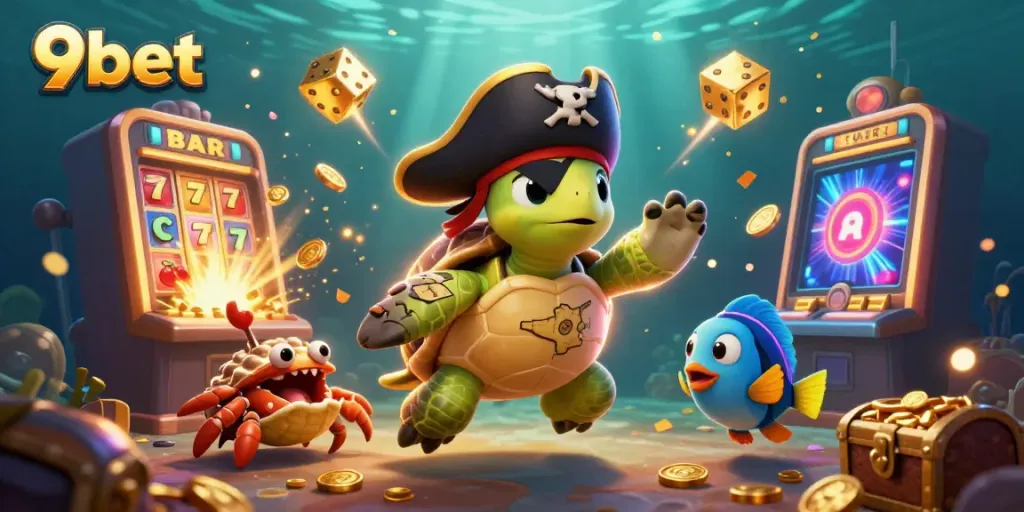 Experience the excitement of 9bet with a vibrant scene of cartoon gaming characters and casino elements.