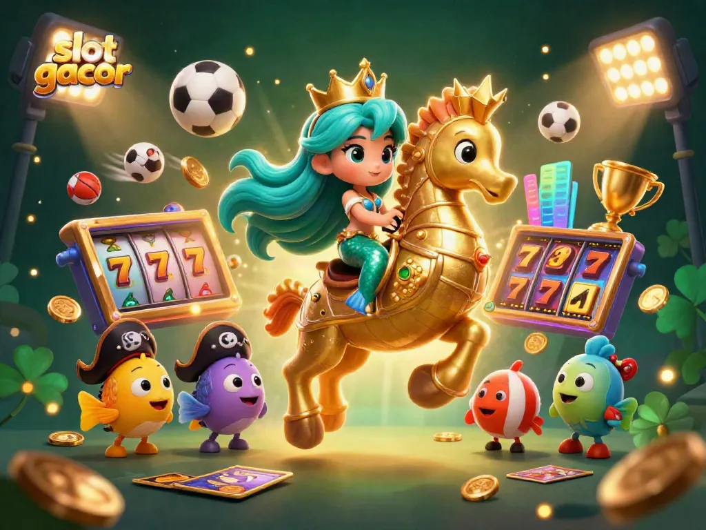 Experience the excitement of slot gacor with a vibrant 3D illustration of a mermaid princess and a golden seahorse.