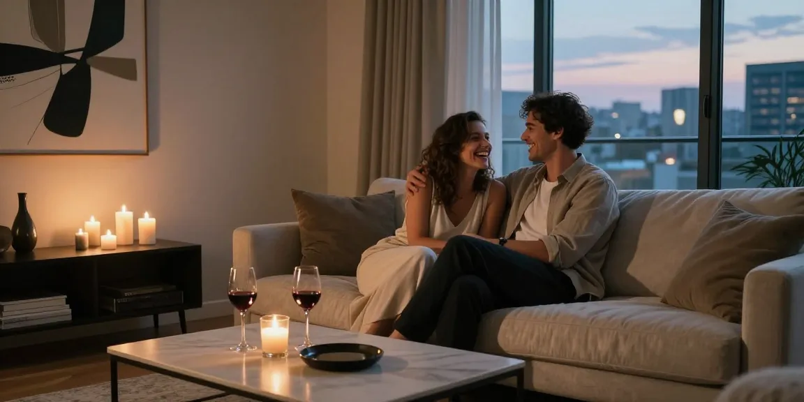 Couple enjoying romantic evening at home, expressing love and connection in a stylish setting, سكس عرب theme.