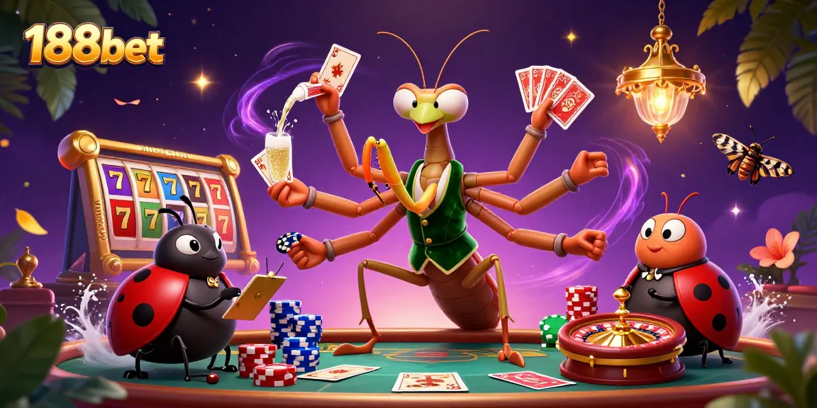 Engaging 188bet casino illustration featuring a giant mantis card sharp and ladybug pit boss amidst vibrant game elements.