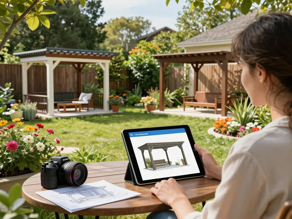 User interacting with an All-in-One pergola Configurator in a vibrant outdoor garden.