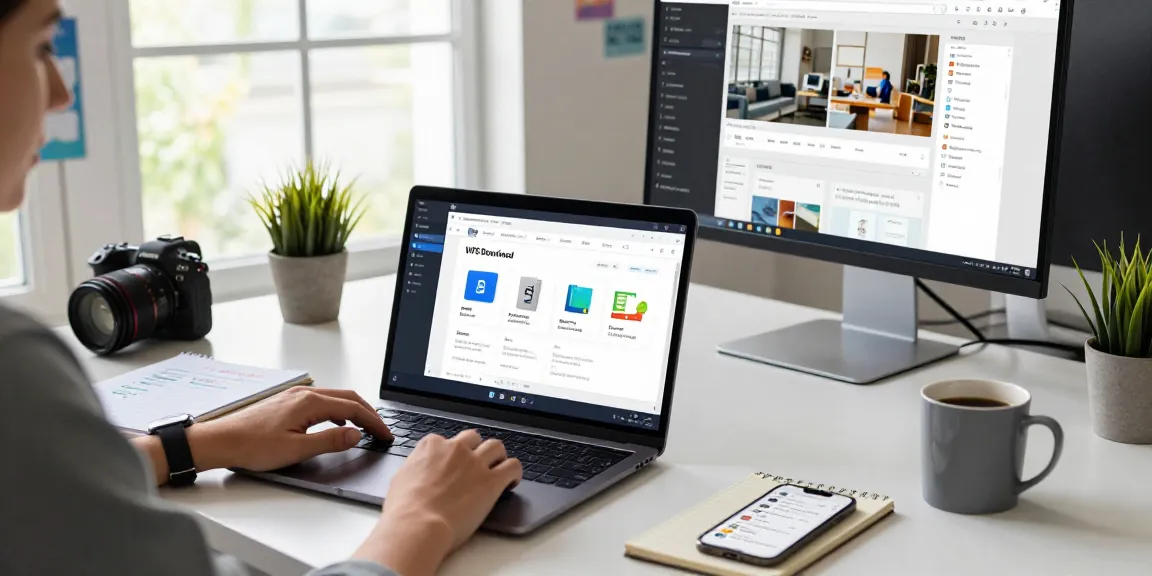 Optimized WPS Download interface on a laptop showing productivity apps in a modern office workspace.