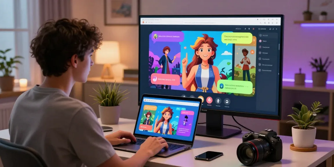 User engaging in interactive nsfw ai chat with customizable characters in a cozy home office.