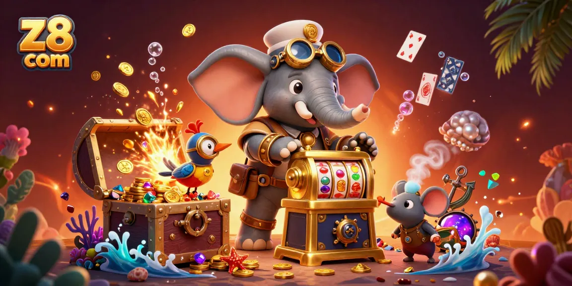 Engage with z8 com's dynamic gaming experience featuring a mechanical elephant and slot machine.