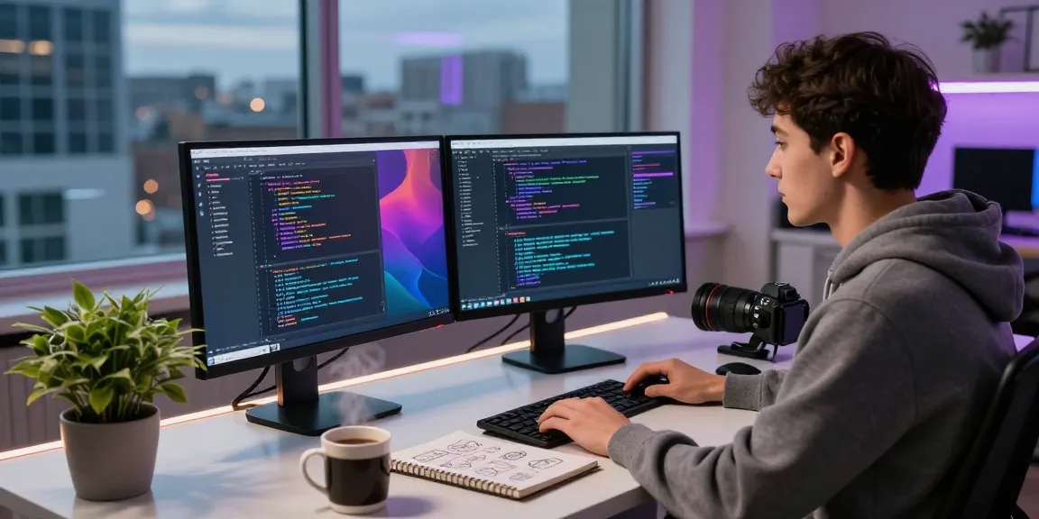 Developer coding at a modern workspace, showcasing koboldai and vibrant UI design elements with a city view.