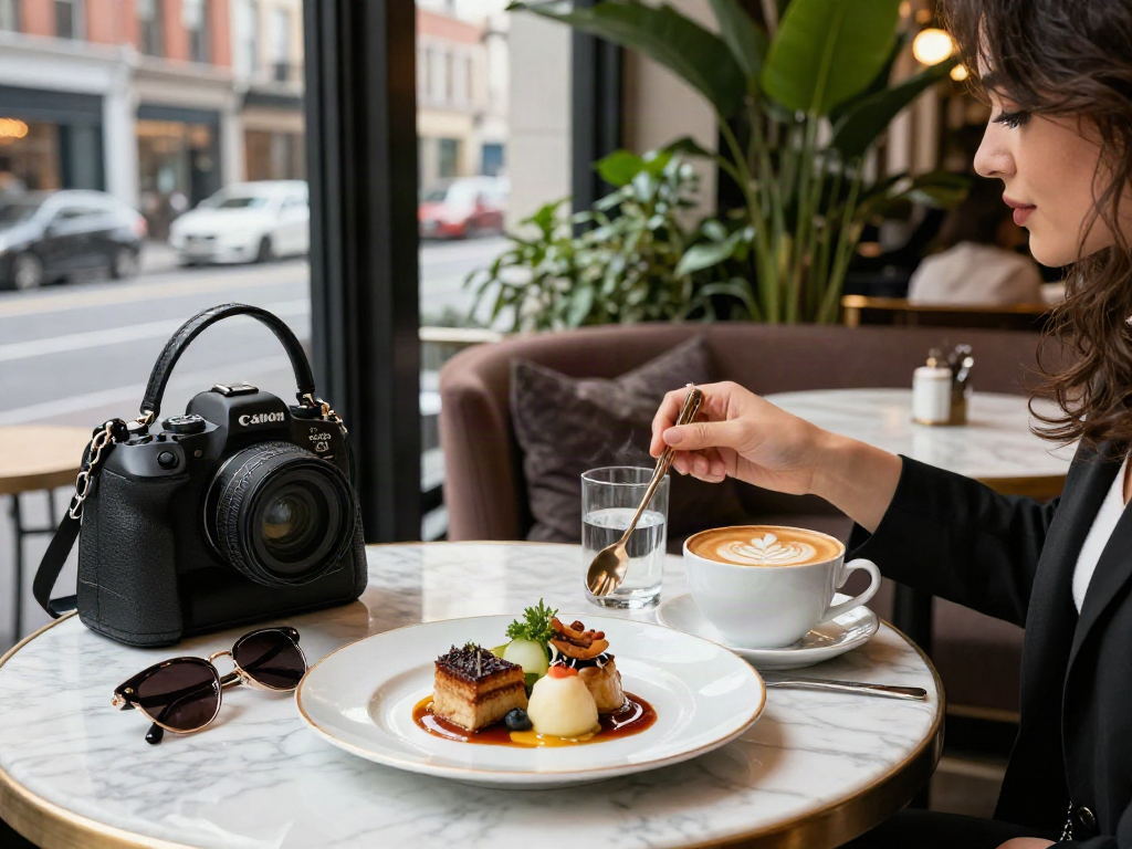 Makanan gourmet di meja mewah dengan suasana kafe urban yang elegan, luxury111.