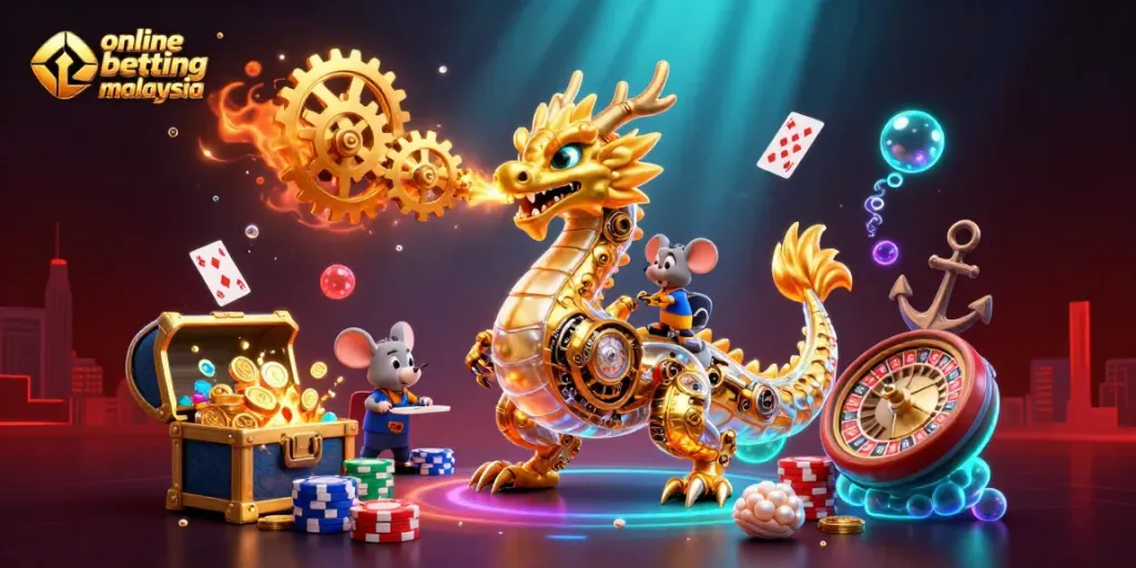 Experience thrilling online betting malaysia action with a 3D golden dragon and casino elements.