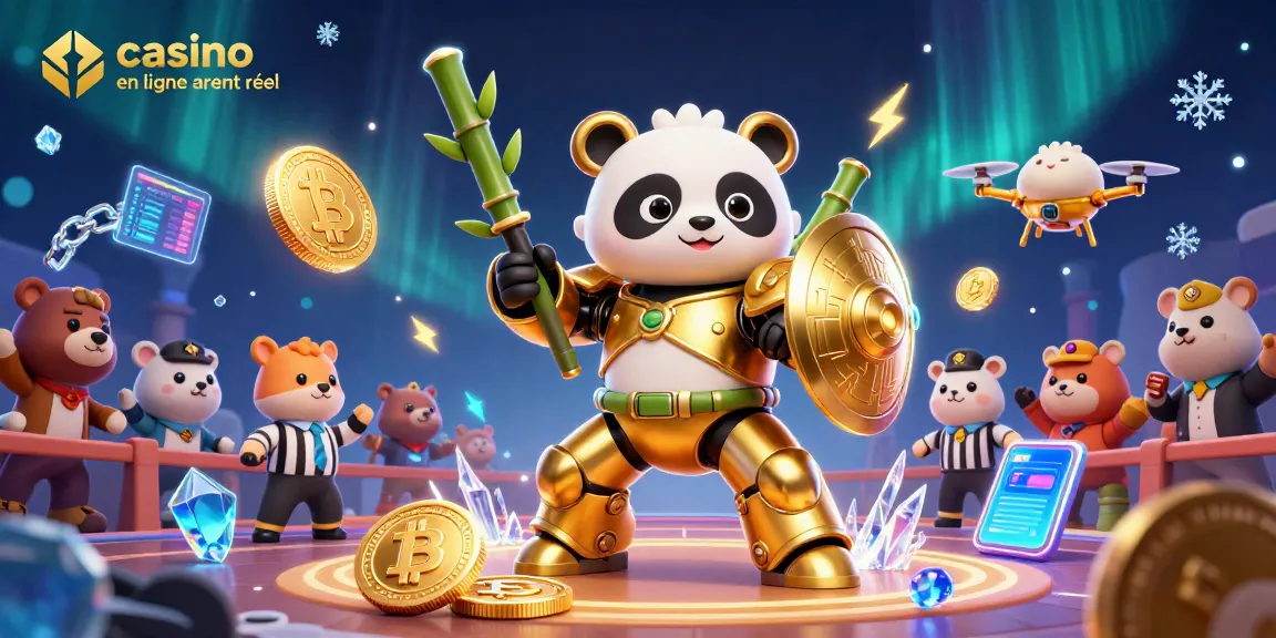 Jouez au casino en ligne argent réel avec un panda robot et des pièces de crypto en 3D.
