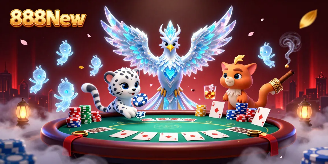 Experience the thrill at 888New with a captivating scene featuring a cartoon ice phoenix and poker action.