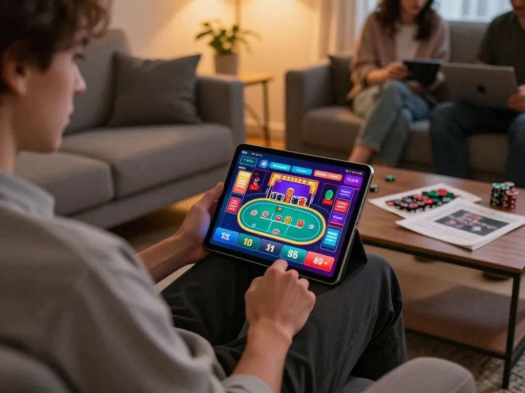 Engaged player using abc8go app on tablet for online gambling at home.