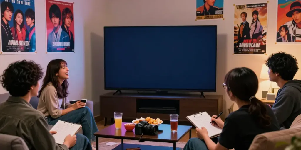 Group enjoying a lively movie night watching jav sub indo together, creating a fun atmosphere.