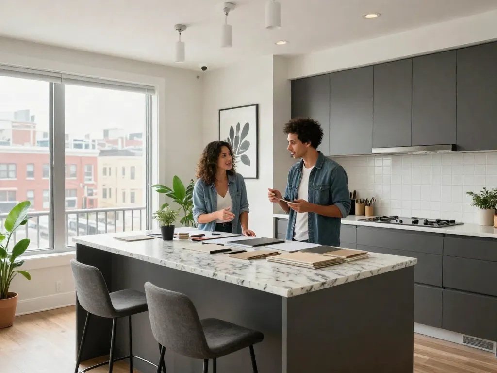 Brickell Remodeling interior design consultation with homeowner and designer in a modern kitchen.