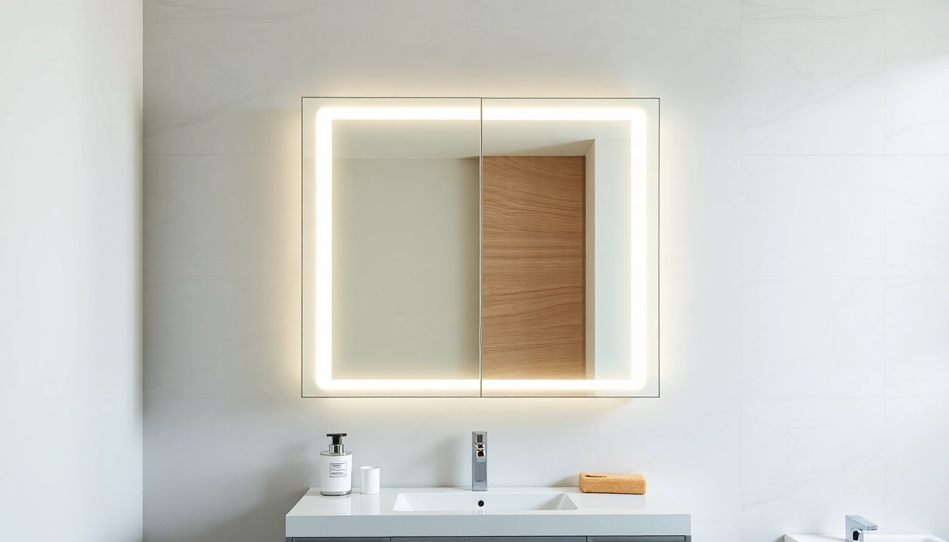 Bright mirrored bathroom cabinet with light enhancing a stylish modern bathroom decor.