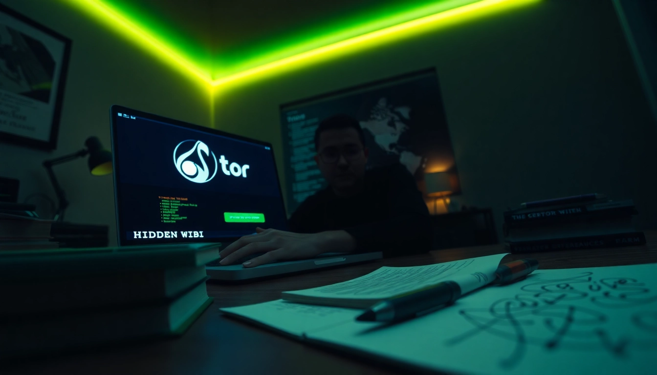 Exploring the hidden wiki on a laptop in a dark web setting with ambient lighting.