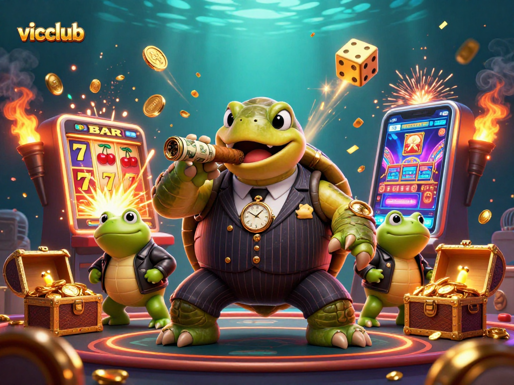Experience the thrill of winning at vicclub with a dynamic casino-themed illustration featuring a massive turtle and frog enforcers.