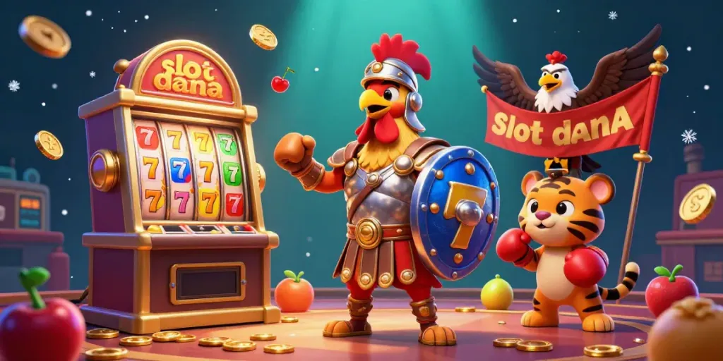 Menangkan jackpot dengan slot dana di kasino dengan ilustrasi ayam jantan bertema gladiator dan simbol keberuntungan.
