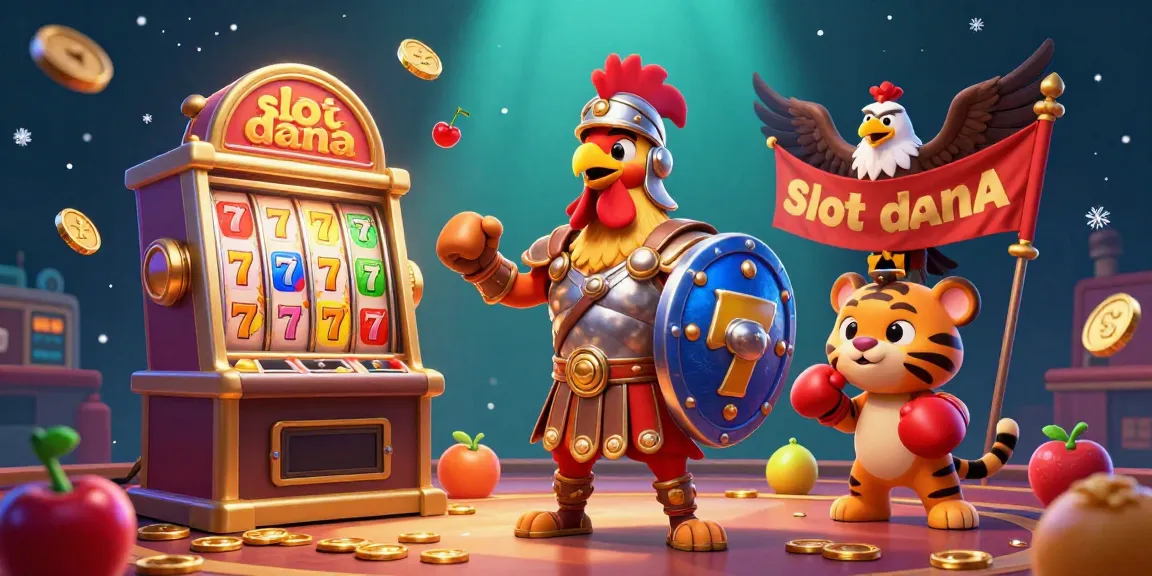 Menangkan jackpot dengan slot dana di kasino dengan ilustrasi ayam jantan bertema gladiator dan simbol keberuntungan.
