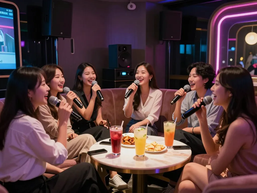 Experience the vibrant atmosphere of 강남가라오케 with friends enjoying a lively karaoke night.
