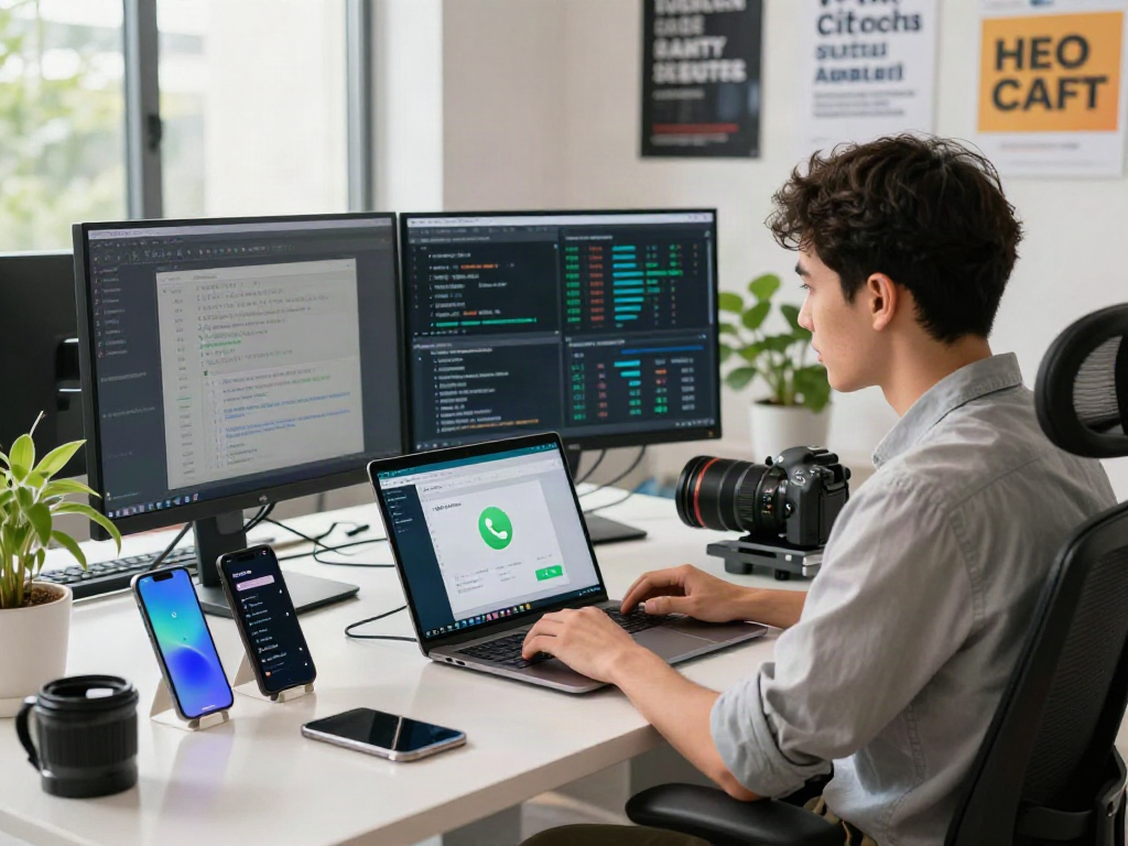 Professional workspace with gb WhatsApp interface on laptop, showcasing tech innovation and productivity.