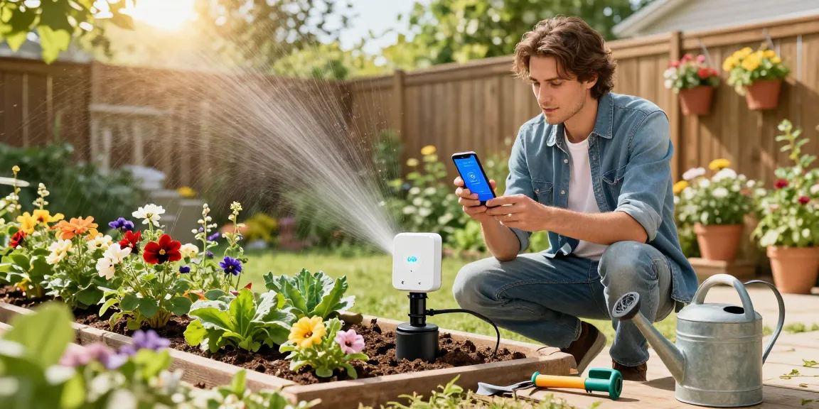Gardener adjusting the RainPoint smart sprinkler controller while tending flowers in a sunny backyard garden.