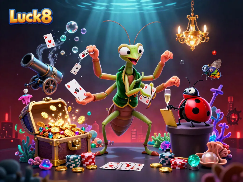 Luck8 showcases a vibrant casino scene of a giant praying mantis dealing cards amidst a rich underwater treasure and bioluminescent coral.