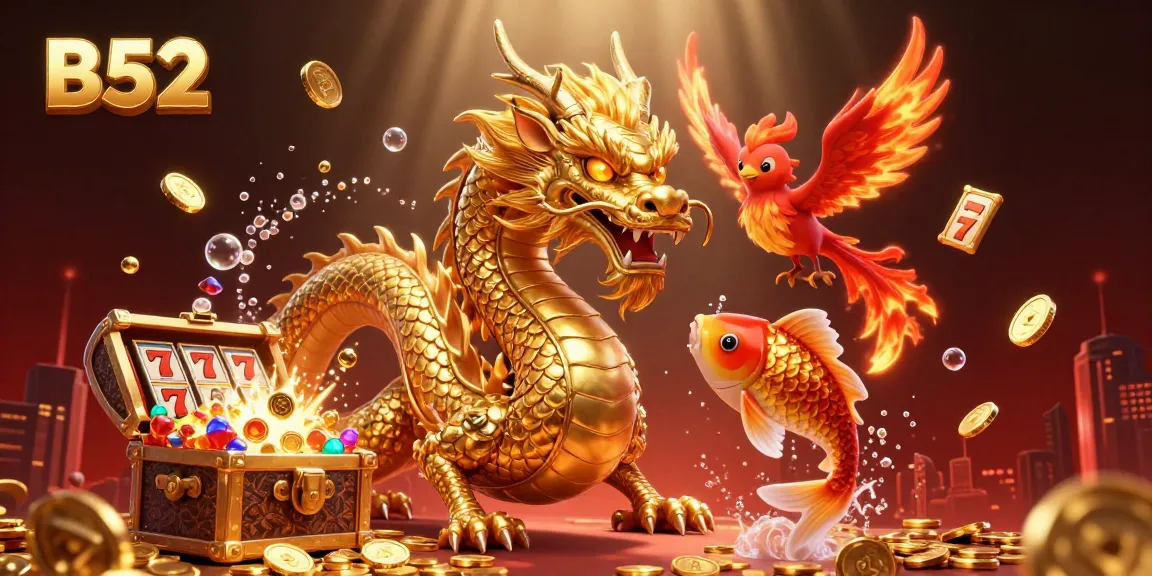 B52 online casino features a golden dragon and phoenix amidst dynamic winning symbols.