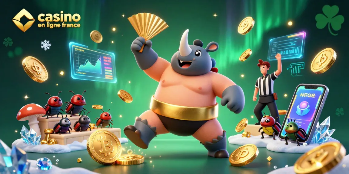 Des billets de casino en ligne France s'envolent avec un scarabée sumo et un arbitre, ajoutant une touche dynamique.