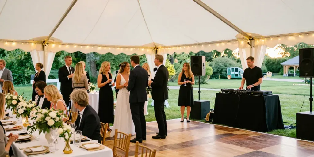 Hochzeit DJ Berlin Brandenburg bei einer festlichen Outdoor-Feier mit tanzenden Gästen.