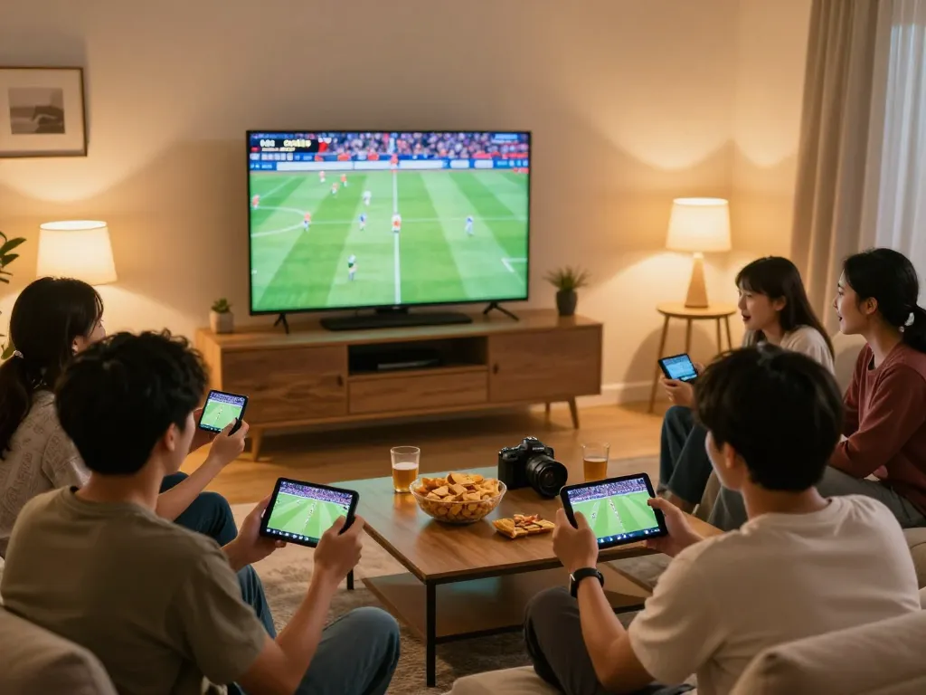 Enjoying footbal stream Cakhiatv in a lively home setting with friends gathered for the match.