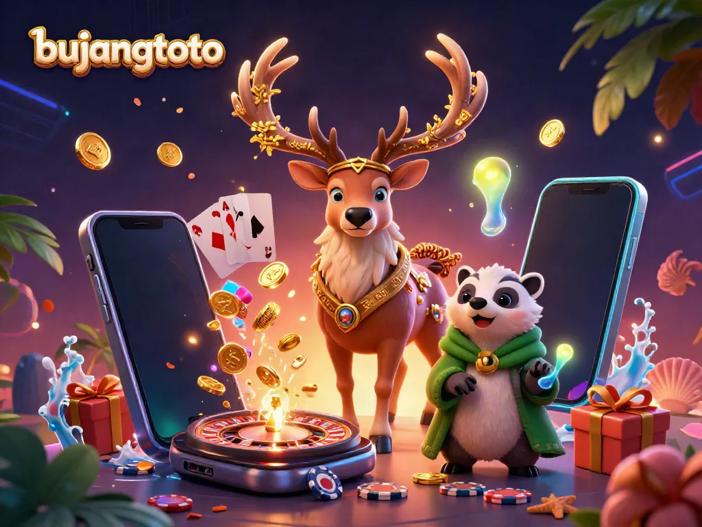 Bujangtoto engaging players with vibrant 3D casino art featuring slots and mystical characters.