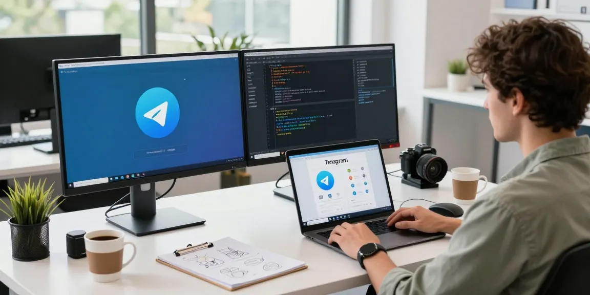 Developer using 纸飞机中文版 in a modern tech workspace with monitors and gadgets.