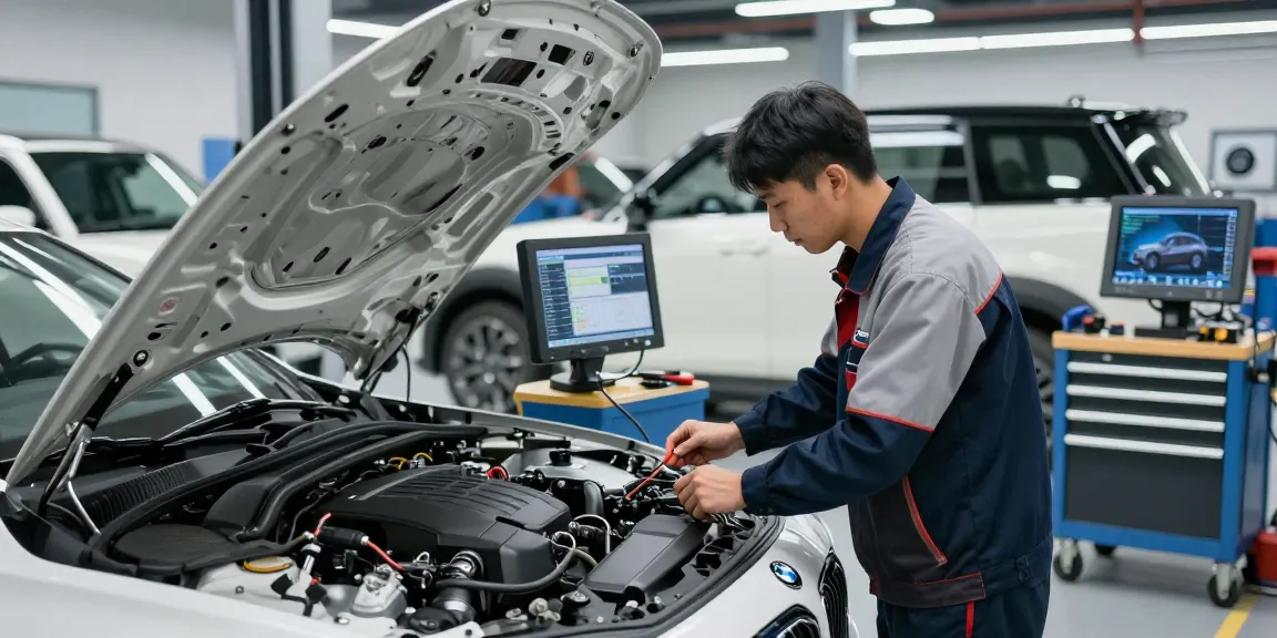 Professioneller Mechaniker in einer BMW Werkstatt Hannover überprüft Motor mit modernem Equipment.
