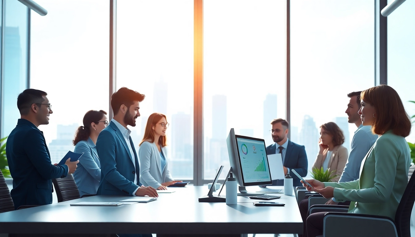 Erstelle Unternehmensanimation mit einem Team in einem modernen Büro, das Innovation zeigt.