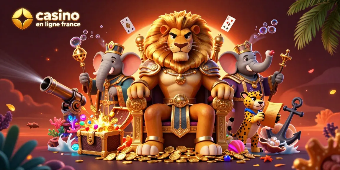 Jouez sur casino en ligne France avec le roi lion sur un trône d'or, entouré de cartes et de trésors.