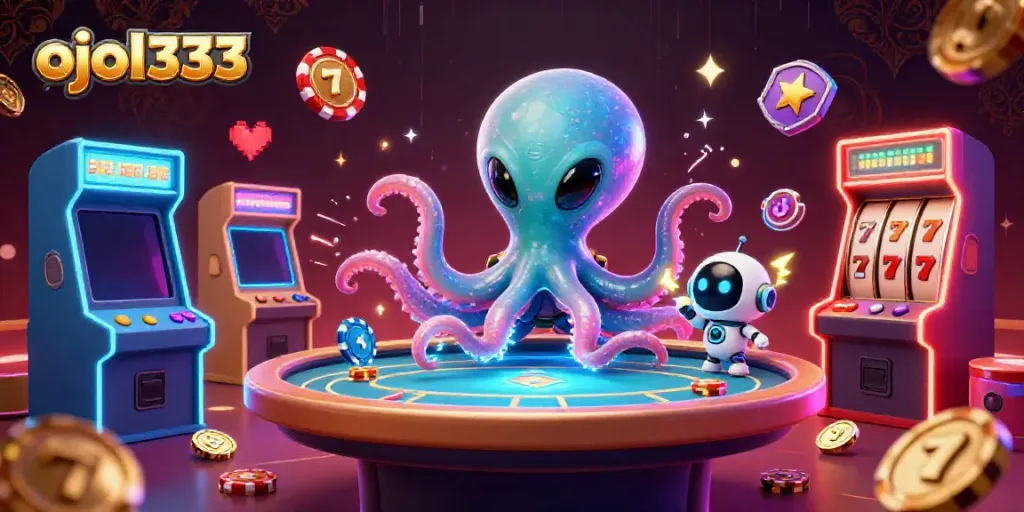 Experience the thrill of ojol333 with a vibrant alien octopus at a holographic poker table.