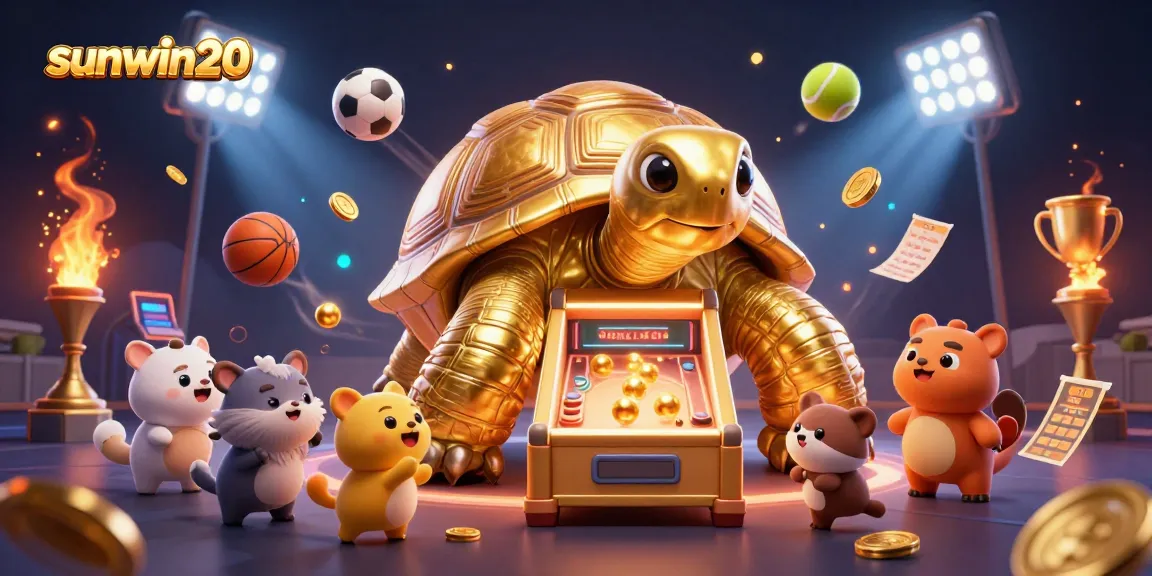 players enjoying sunwin20's exciting casino games, surrounded by gold coins and vibrant sports elements