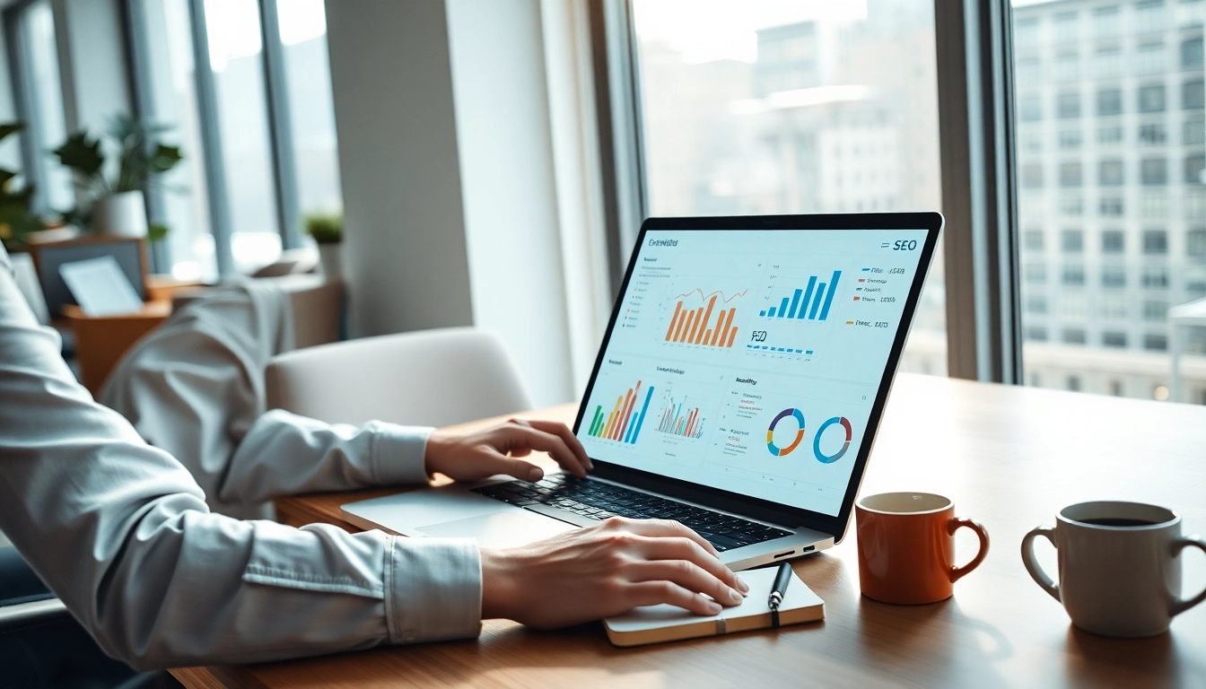 Analyze SEO performance metrics on a laptop with charts and lively office setting.