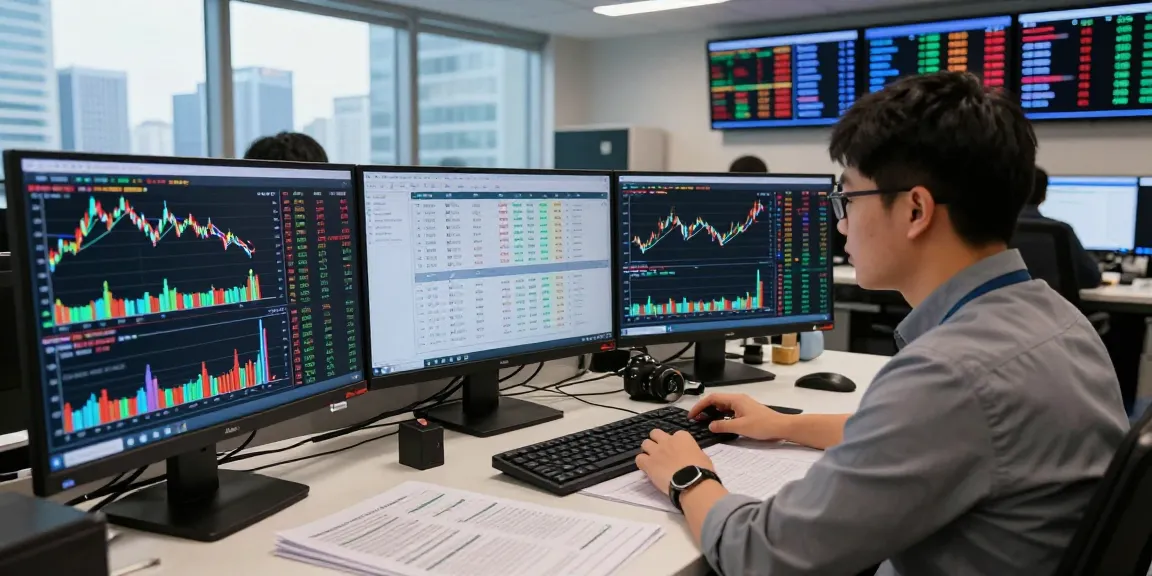 KOSPI index analysis in a modern trading room with financial charts and data on screens