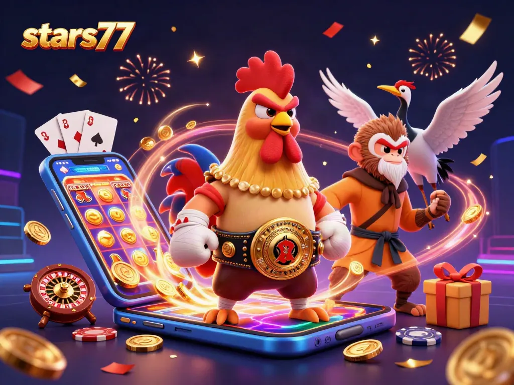 Taruhan slot menarik di stars77 dengan ayam Muay Thai, monyet Shaolin, dan master crane.